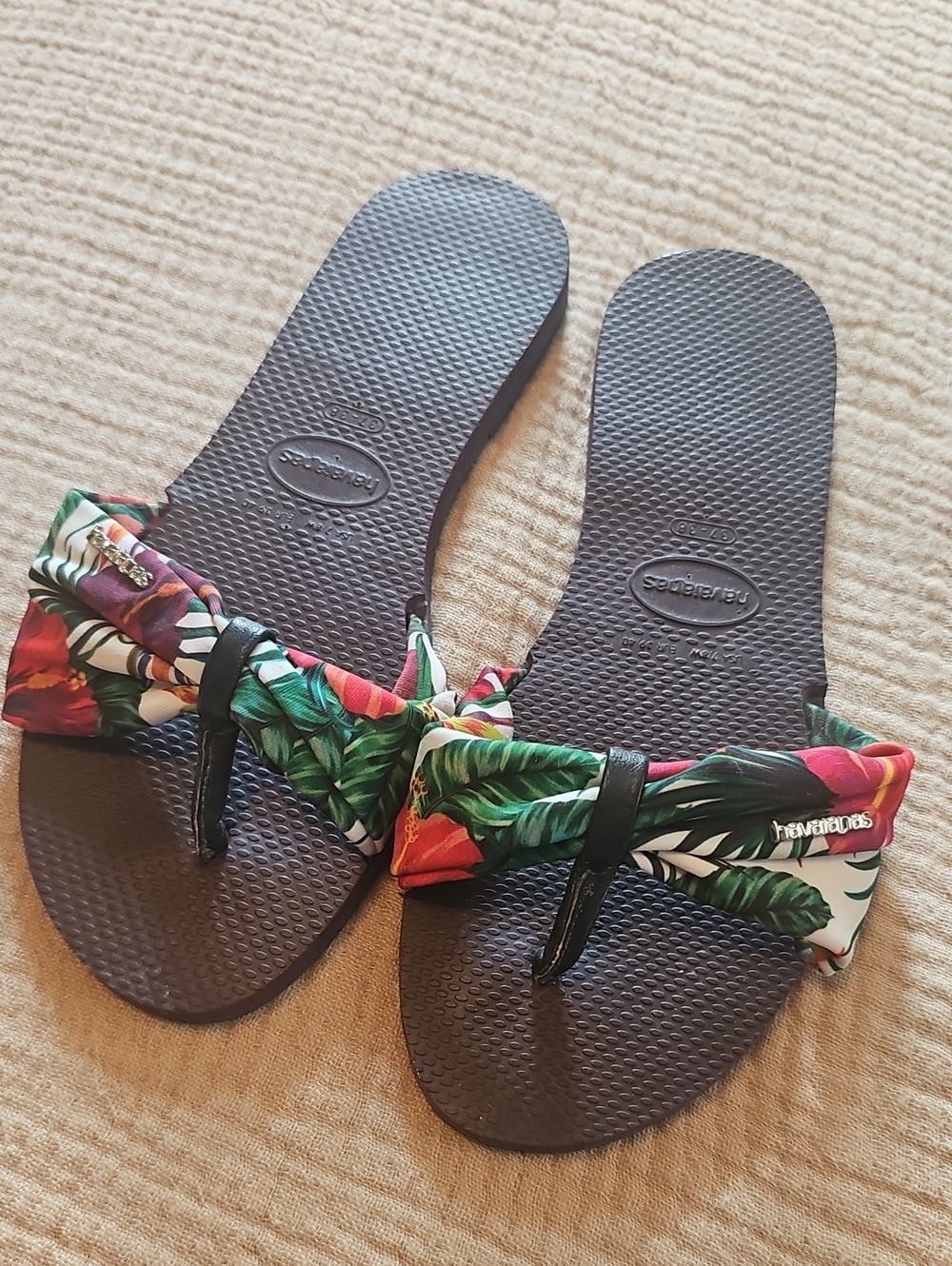 Havaianas Brown Flip Flops with Green & Red Tropical Strap